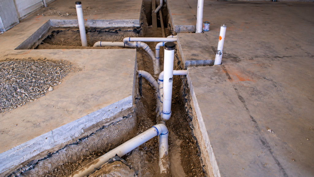 Plumbing rough-in on a commercial job site