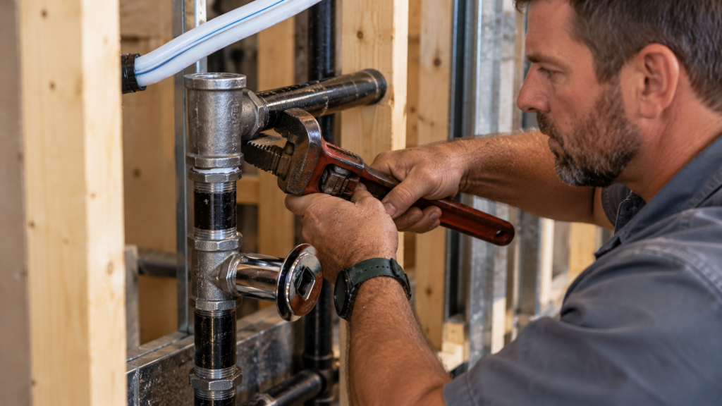 Division 22 plumbing installed in a framed wall