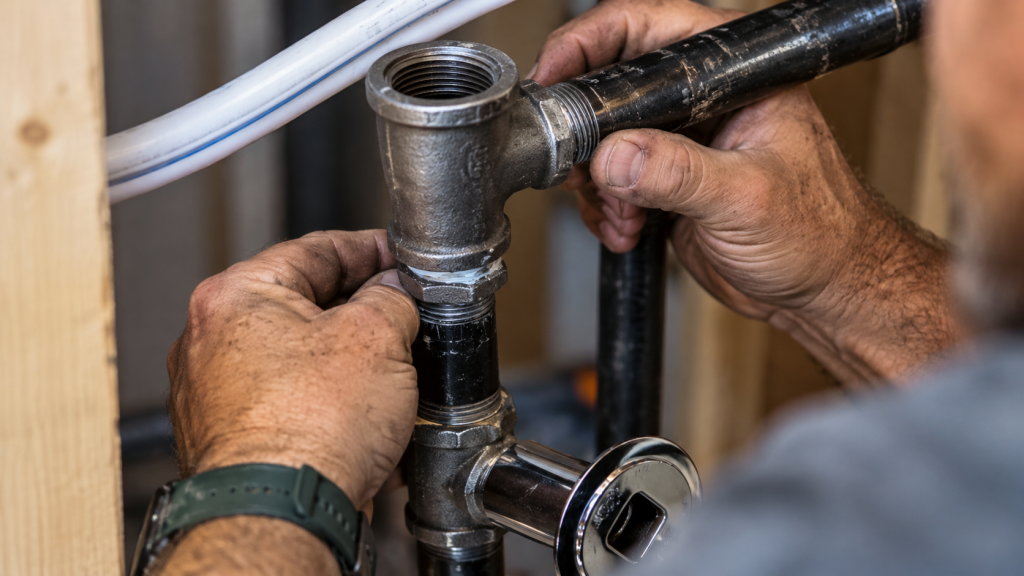 Hands assembling black iron pipe