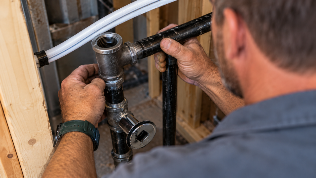 Plumber assembling new pipe fittings
