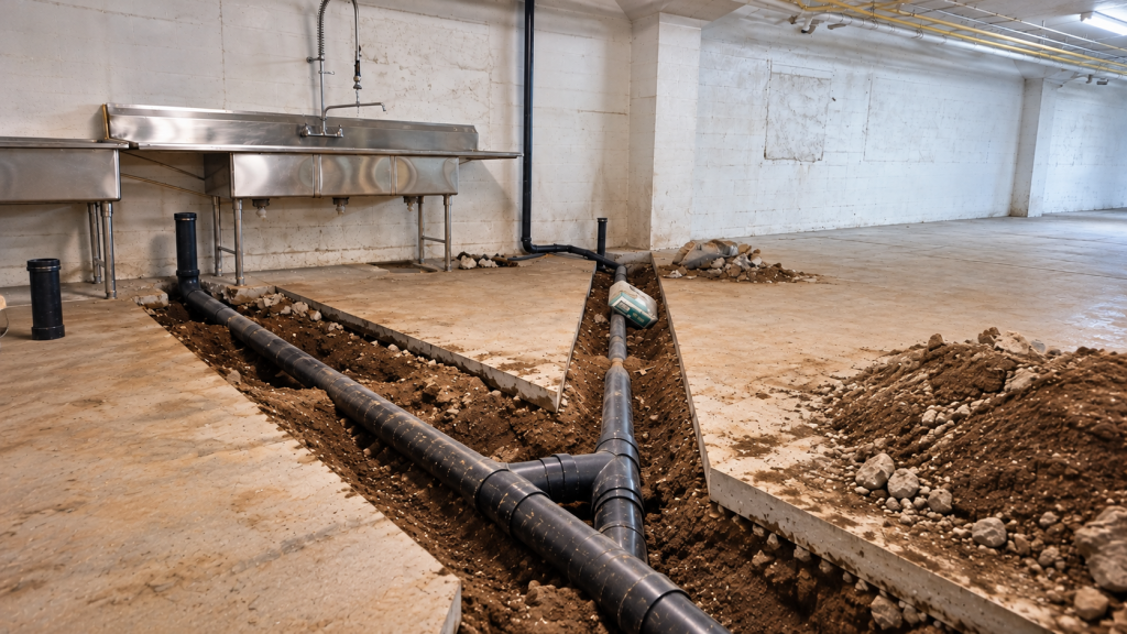 Denver commercial plumbing trench in an older building