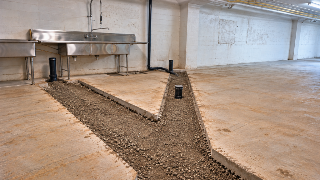 Glendale tenant improvement plumbing trench in a retail suite