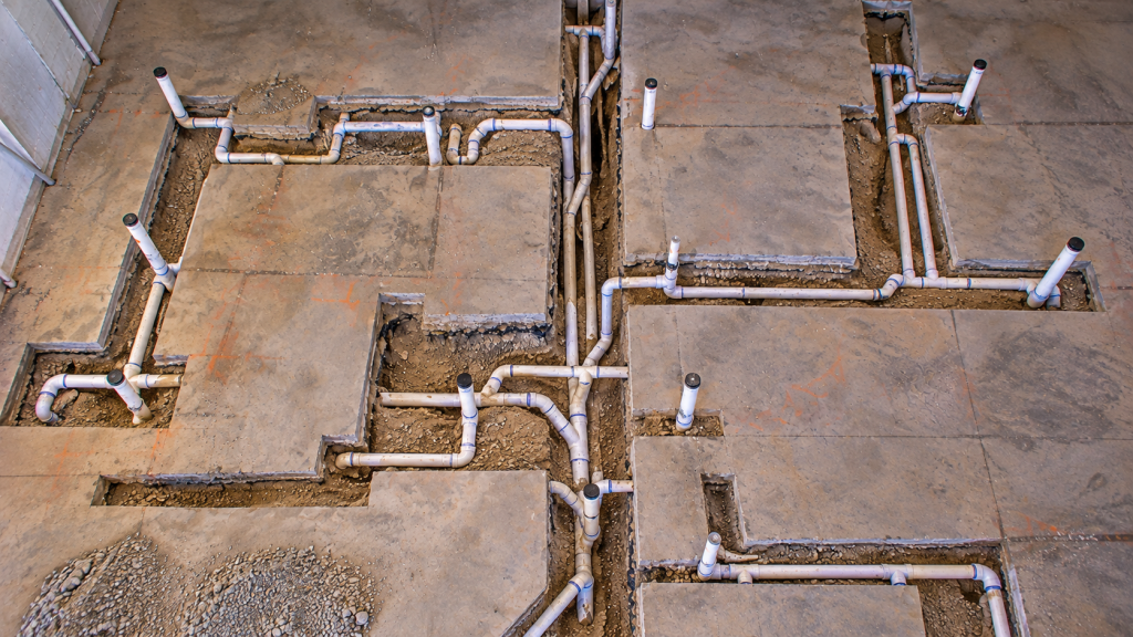 Commercial plumbing rough-in with vent and supply lines