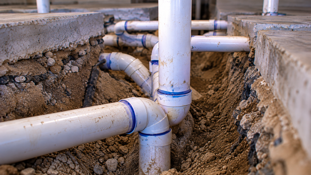 Commercial plumbing rough-in trench with new drain pipe