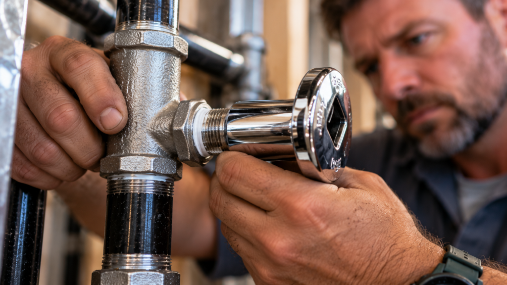 Plumber installing a valve fitting
