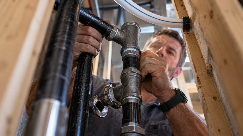 Plumber Installing Pipes Inside Wall in a commercial tenant improvement