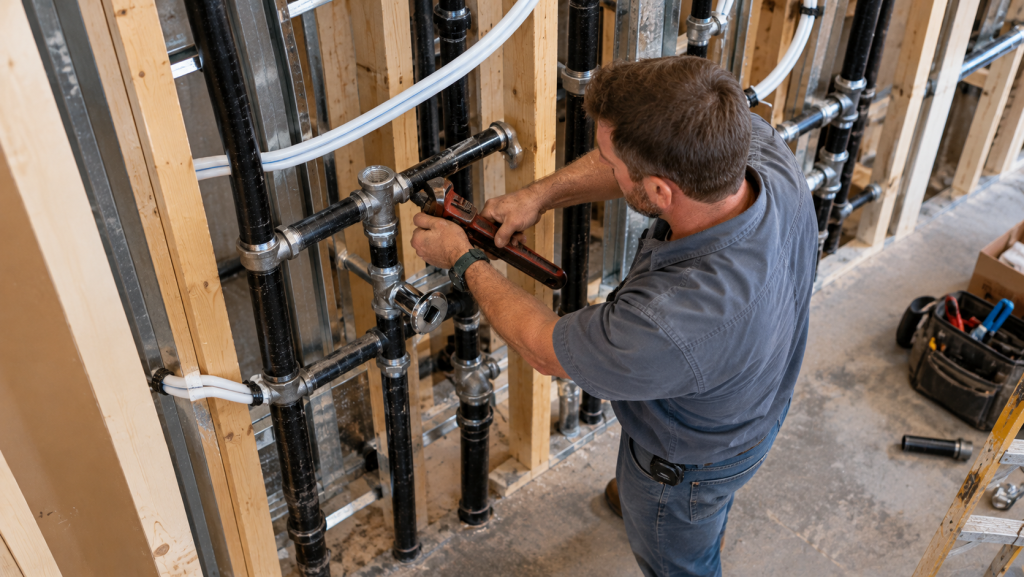 Commercial tenant improvement plumber at work in a framed wall