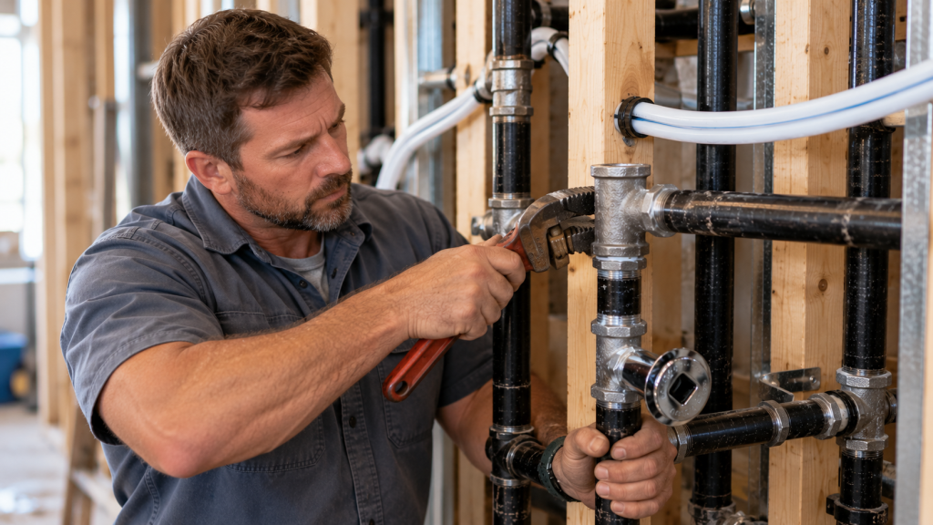Plumber connecting pipe in a framed wall