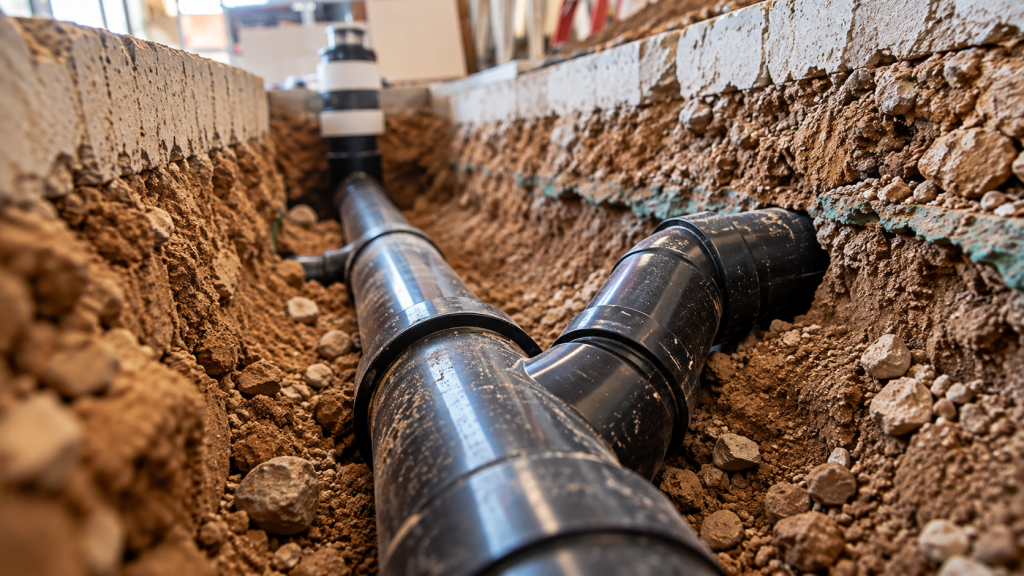 Underground drain line in an open slab trench